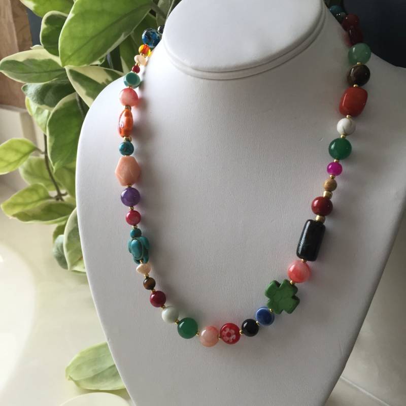 Handgefertigte Boho Kette Verstellbare Länge Ton Perlen Lampwork Halbedelsteine Wunderschön Und Elegant Handgefertigte Boho Kette Verstellbare Länge Ton Perlen Lampwork Halbedelsteine Wunderschön Und Elegant von ArtfulFrippery