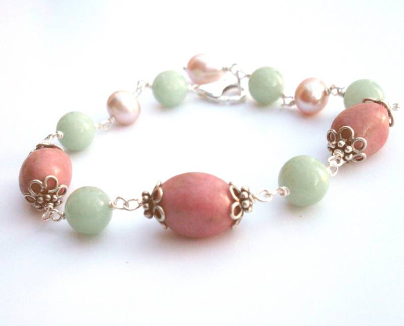 Halbedelstein Armband, Rosa Grün Rhodonit Aventurine Süßwasser Perle Draht Verbunden, Sterling Silber, Halbedelstein Schmuck von ArtfulTrinkets1