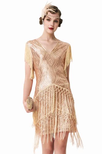 ArtiDeco 1920s Charleston Kleid Mini Damen Vintage Gatsby Kostüm Flapper 20er Jahre Cocktailkleid (Rose Gold, XL (Fits 84-88 cm Waist)) von BABEYOND