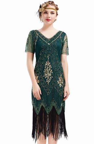 BABEYOND 1920s Kleid Damen Flapper Kleid mit Kurzem Ärmel Gatsby Motto Party Damen Kostüm Kleid (Dunkelgrün, M) von BABEYOND