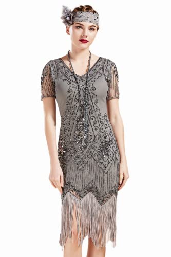 BABEYOND 1920s Kleid Damen Flapper Kleid mit Kurzem Ärmel Gatsby Motto Party Damen Kostüm Kleid (GrauSilbern, XS) von BABEYOND