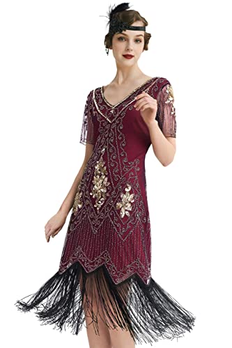 BABEYOND 1920s Kleid Damen Flapper Kleid mit Kurzem Ärmel Gatsby Motto Party Damen Kostüm Kleid (RotGold, 3XL) von BABEYOND