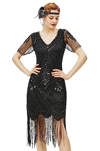 BABEYOND 1920s Kleid Damen Flapper Kleid mit Kurzem Ärmel Gatsby Motto Party Damen Kostüm Kleid (Schwarz, XL) von BABEYOND
