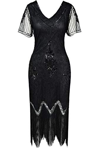 BABEYOND 1920s Kleid Damen Flapper Kleid mit Kurzem Ärmel Gatsby Motto Party Damen Kostüm Kleid (Schwarz, XL) von BABEYOND