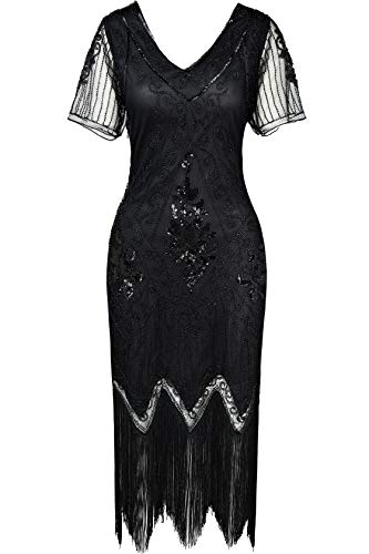 BABEYOND ArtiDeco 1920s Women's Flapper Dress with Short Sleeves, Women's Costume Dress, for Gatsby Theme Party - Black, Size: XXL von BABEYOND