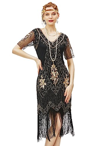 BABEYOND 1920s Kleid Damen Flapper Kleid mit Kurzem Ärmel Gatsby Motto Party Damen Kostüm Kleid (SchwarzGold, L) von BABEYOND