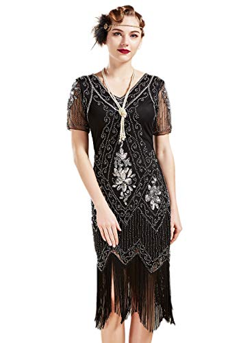 BABEYOND 1920s Kleid Damen Flapper Kleid mit Kurzem Ärmel Gatsby Motto Party Damen Kostüm Kleid (SchwarzSilbern, XL) von BABEYOND