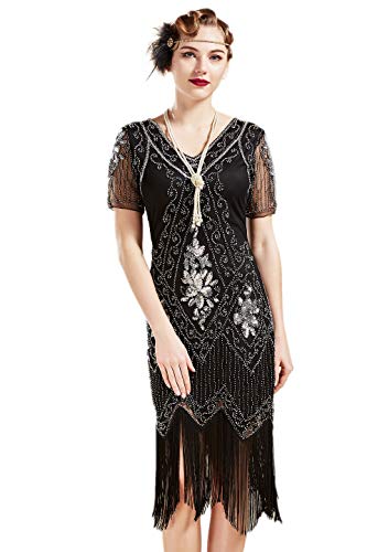 BABEYOND 1920s Kleid Damen Flapper Kleid mit Kurzem Ärmel Gatsby Motto Party Damen Kostüm Kleid (SchwarzSilbern, XXL) von BABEYOND