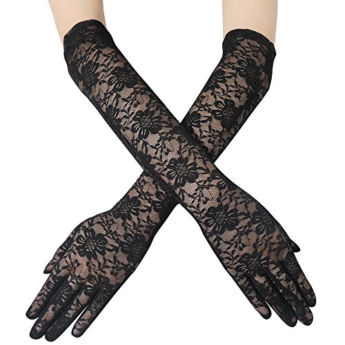 BABEYOND Damen Lace Handschuhe Satin Braut Hochzeit Opera Fest Party 1920s Kostüm Accessoires (Lang Schwarz) von BABEYOND