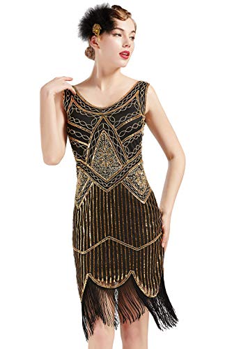 BABEYOND Damen Pailletten 1920s Flapper Charleston Kleid V Ausschnitt Great Gatsby Motto Party Fasching Kostüm (SchwarzGold M) von BABEYOND