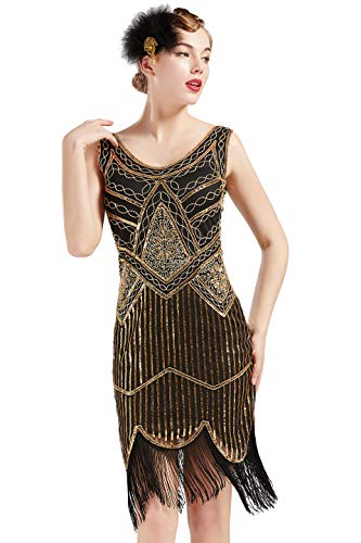 BABEYOND Damen Pailletten 1920s Kleid Flapper Charleston Kleid V Ausschnitt Great Gatsby Motto Party Damen Fasching Kostüm Kleid (SchwarzGold S) von BABEYOND