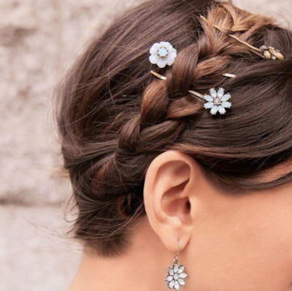 Blume Weiß Kristall Strass Stein Messing Haar Bobby Pins Set Von 3 Türkis Grün von Artikmod