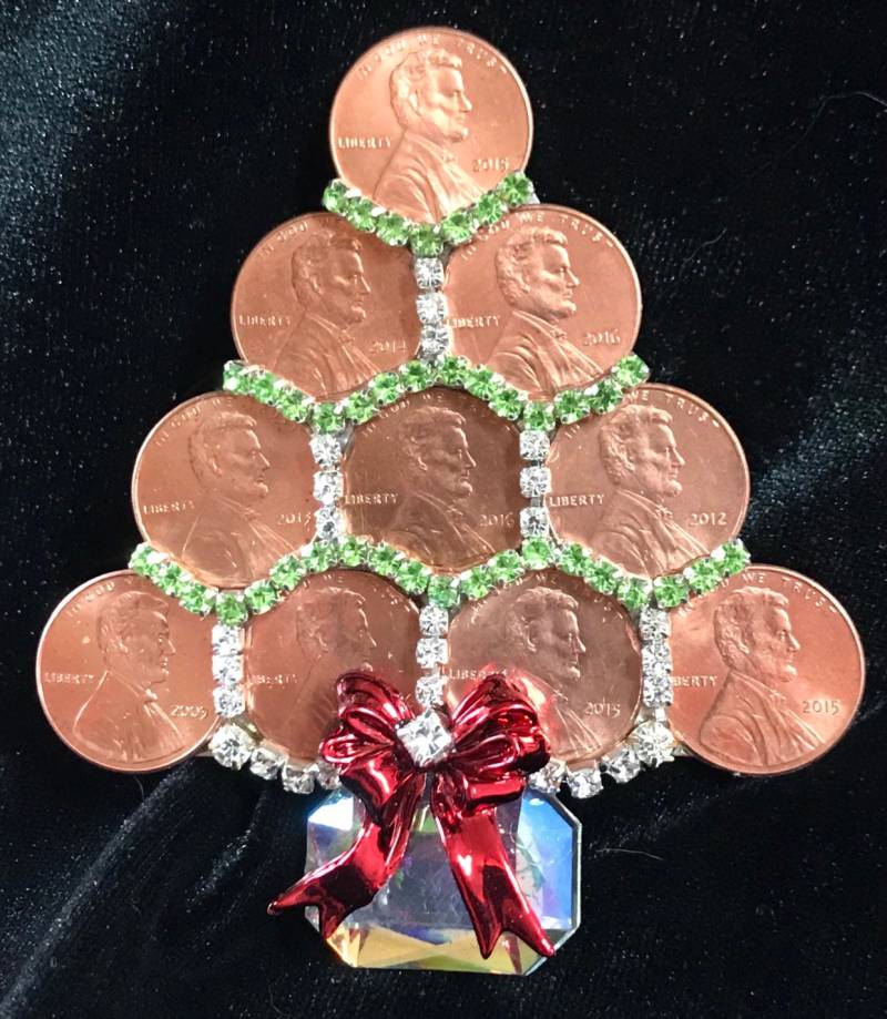 Genuine Pennies Echtgeldbaum Vintage Strass Weihnachtsbaum Pin Brosche Signiert Laheir von ArtisanJewelryLaHeir