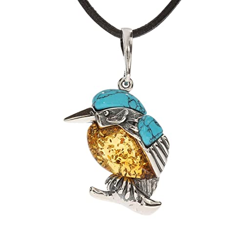 Artisana-Schmuck Bernstein Anhänger (ohne Kette), Eisvogel mit Bernstein und Türkis, gefasst in 925/000 Sterling Silber von Artisana-Schmuck