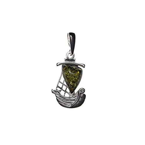 Artisana-Schmuck Bernstein Anhänger, grüner Schiff Anhänger aus Bernstein, gefasst in 925/000 Sterling Silber rhodiniert von Artisana-Schmuck