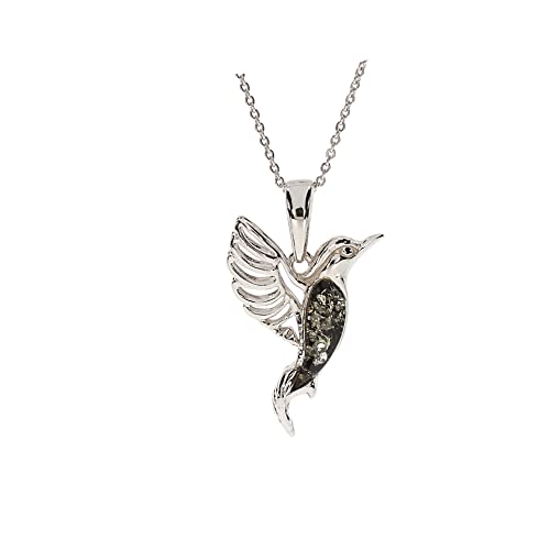 Artisana-Schmuck Bernstein Anhänger, moderner grüner Anhänger Kolibri mit Bernstein, gefasst in 925/000 Sterling Silber rhodiniert von Artisana-Schmuck