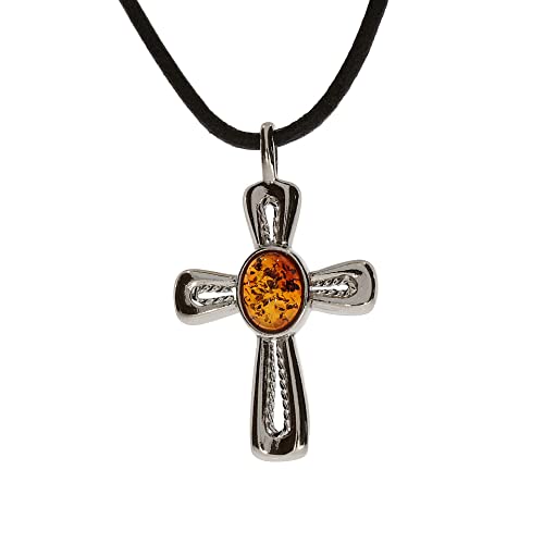 Artisana-Schmuck Bernstein Anhänger Kreuz, eleganter Kreuz Anhänger mit Lederband, gefasst in 925/000 Sterling Silber rhodiniert von Artisana-Schmuck