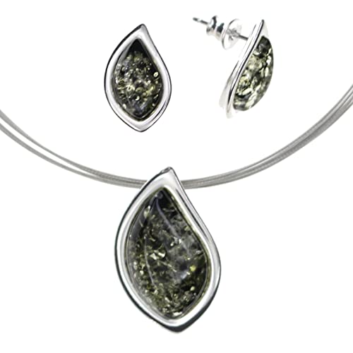 Artisana-Schmuck Bernstein Schmuck-Set, Anhänger und Ohrringe aus 925/000 Sterling Silber rhodiniert und Bernstein, Halsreif aus 6-fach Edelstahldraht von Artisana-Schmuck