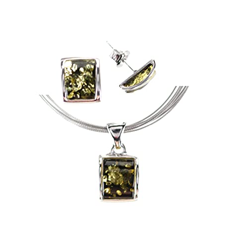 Artisana-Schmuck Bernstein Schmuckset, elegantes grünes Schmuck-Set (ohne Kette), Anhänger und Ohrringe aus 925/000 Sterling Silber rhodiniert und Bernstein von Artisana-Schmuck