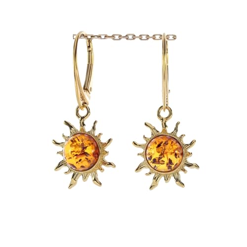 Bernstein Ohrringe von Artisana-Schmuck, moderne Ohrhänger "Sonne" mit Bernstein, gefasst in 925/000 Sterling Silber vergoldet von Artisana-Schmuck