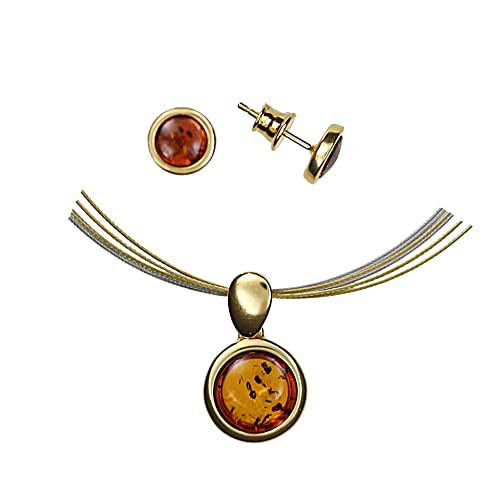 Bernstein Schmuckset von Artisana-Schmuck, Anhänger und Ohrringe aus 925/000 Sterling Silber vergoldet und Bernstein, Halsreif aus 6-fach Edelstahldraht in bicolor von Artisana-Schmuck