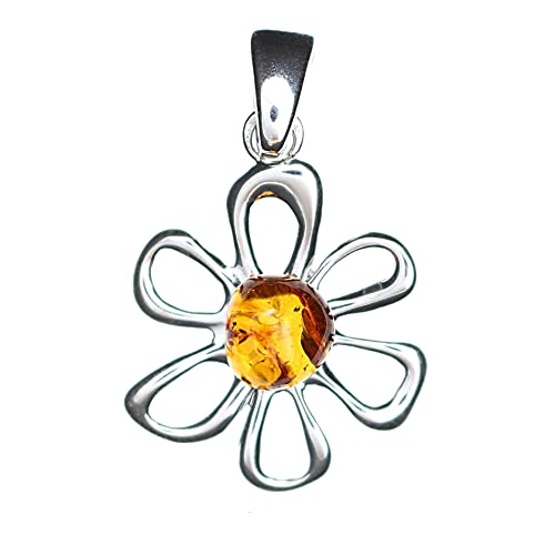 Artisana-Schmuck Bernstein Anhänger. Eleganter Anhänger Blume aus Bernstein und 925/000 Sterling Silber rhodiniert von Artisana-Schmuck