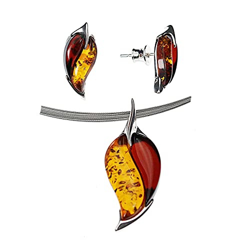 Bernstein Schmuck-Set in Blattform von Artisana-Schmuck, Anhänger und Ohrringe aus 925/000 Sterling Silber rhodiniert und Bernstein in multicolor, Halsreif aus 6-fach Edelstahldraht von Artisana-Schmuck