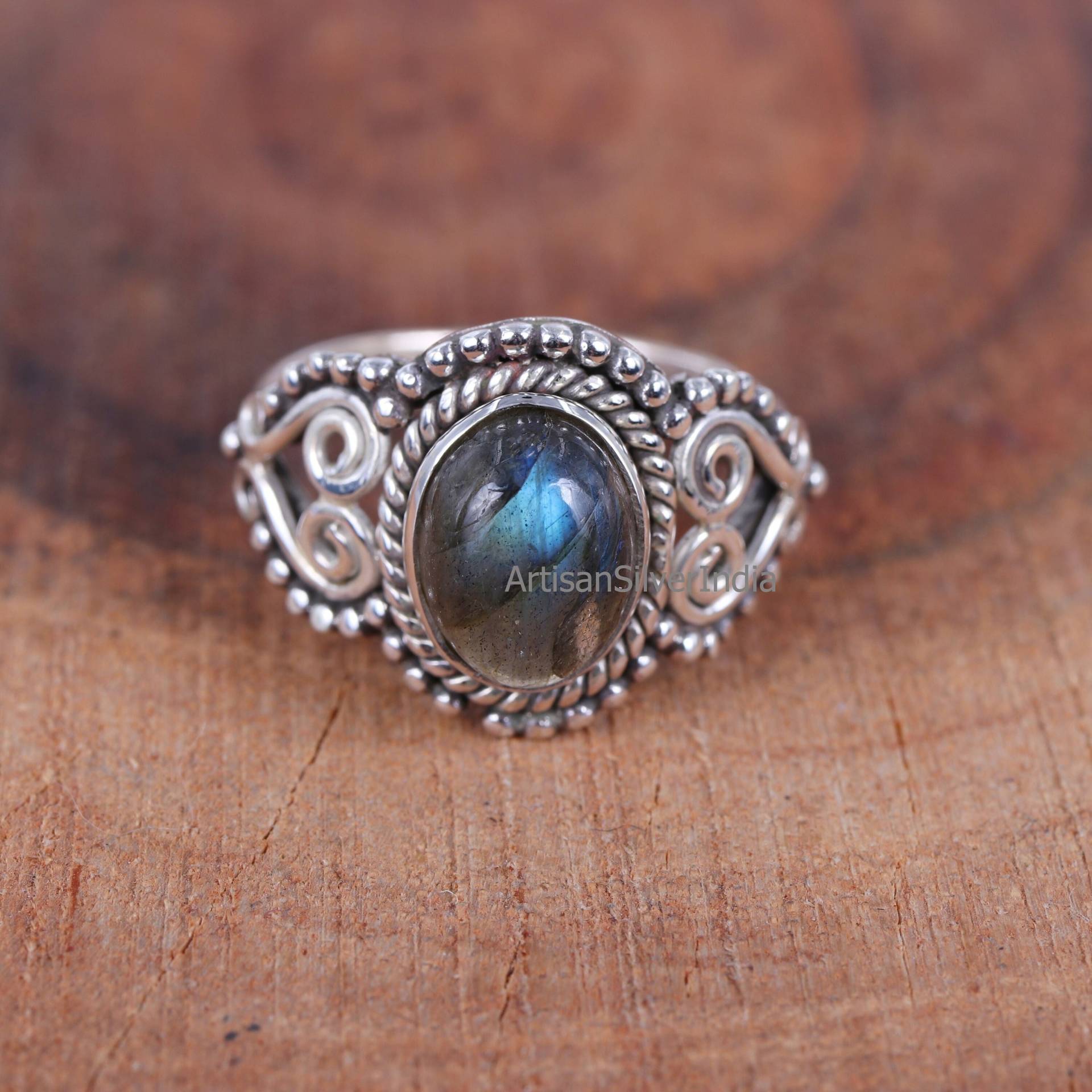 Labradorit Ring, Angst Edelstein 925 Silber Blue Fire Ehering, Oxidierter Ring von ArtisansilverIndia