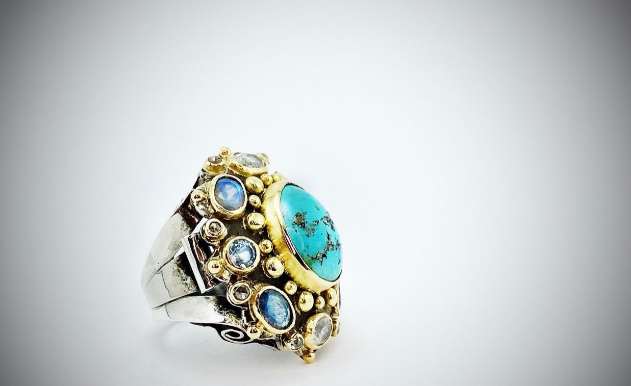 Antiker Türkis Ring, Rosenschliff Diamant Mondstein Silber Aquamarin Verlobungsring, Labradorit 18K Gold Inlays Ring von ArtissimoArtGallery