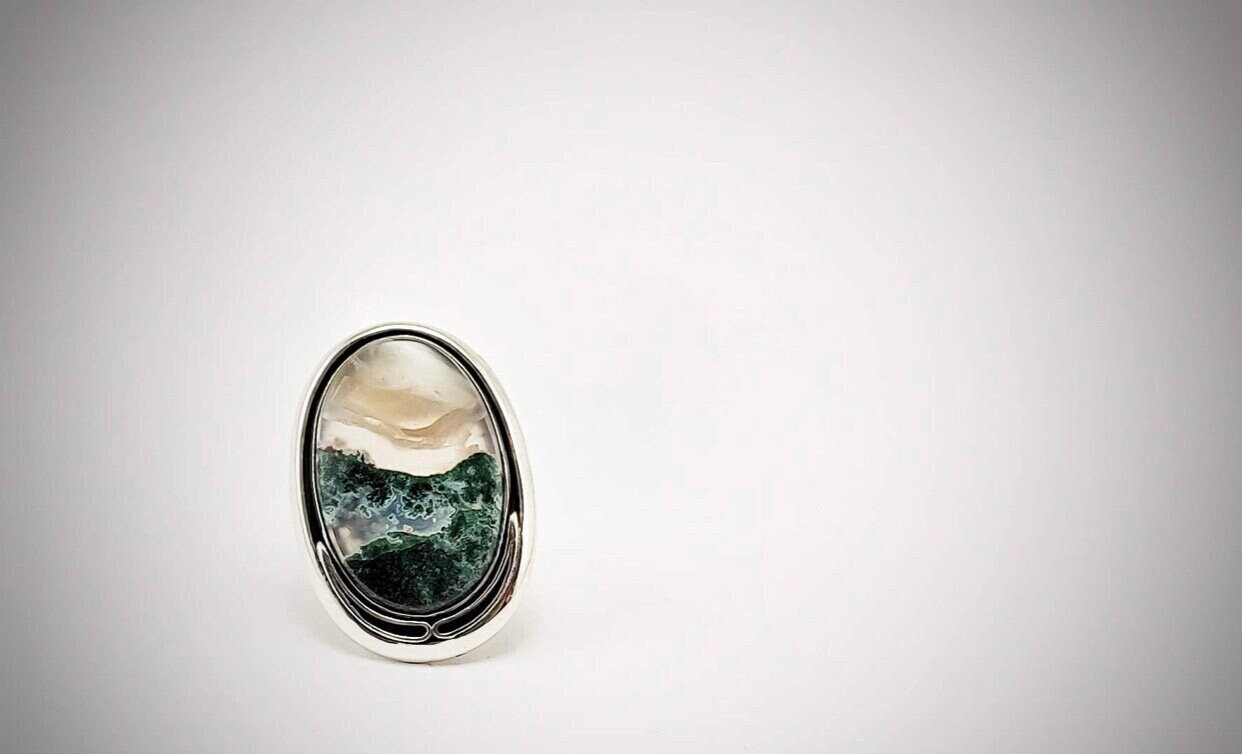 Berg Silber Ring, Moosachat Oval Groß Natur Wald Cocktail Grün Art Deco Schmuck, Liebhaber Geschenk von ArtissimoArtGallery