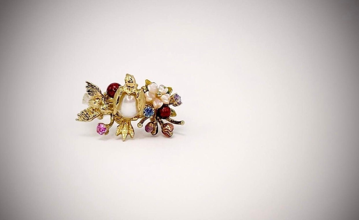 Blume Turmalin Ring, Silber Perle Emaille Cocktail Perlmutt 24K Vergoldung Vogel Zweig Weihnachtsgeschenk von ArtissimoArtGallery