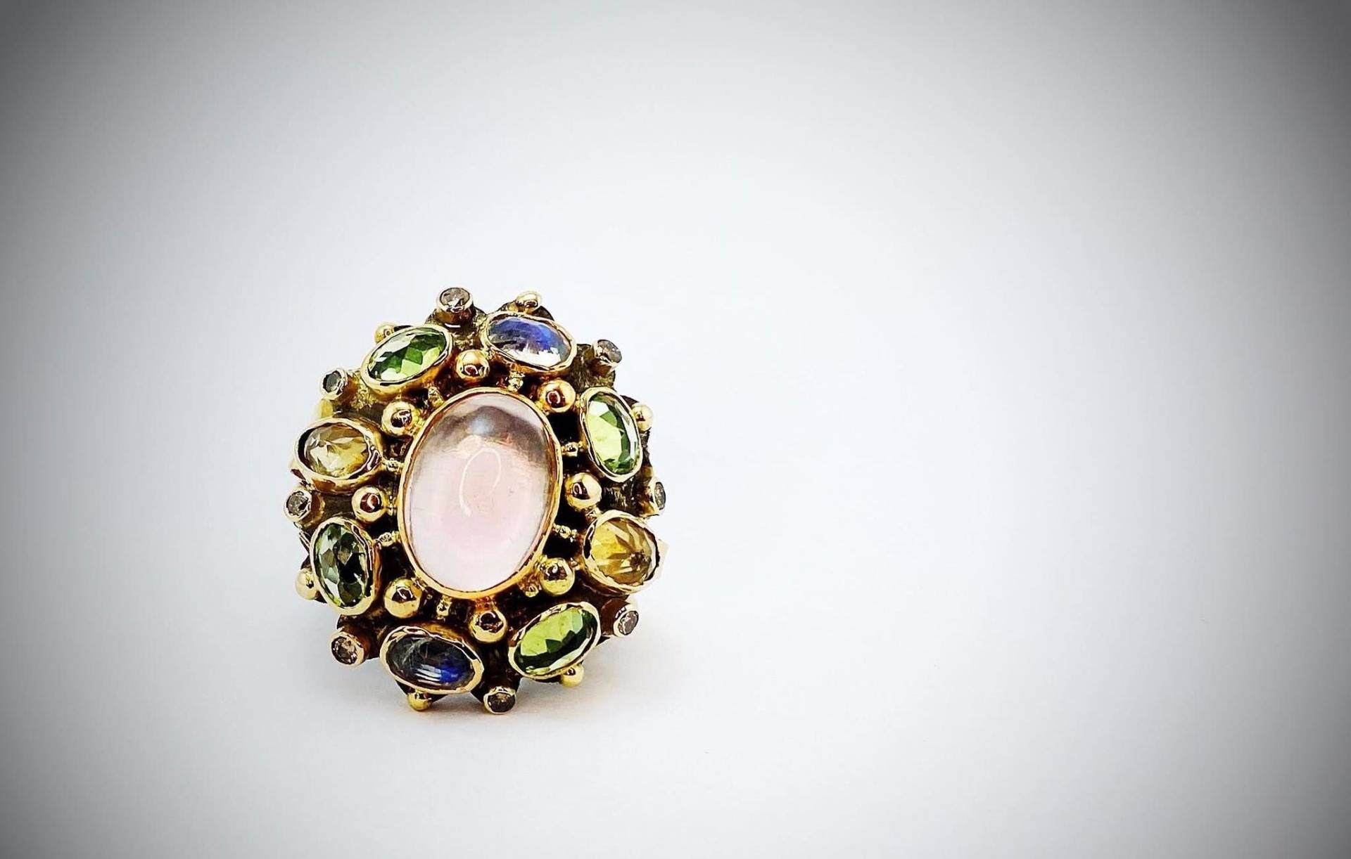 Brillanter Diamant Ring, Rosa Quarz Peridot Silber Mondstein Verlobungsring, Statement Citrin 18K Gold Inlays Ring von ArtissimoArtGallery