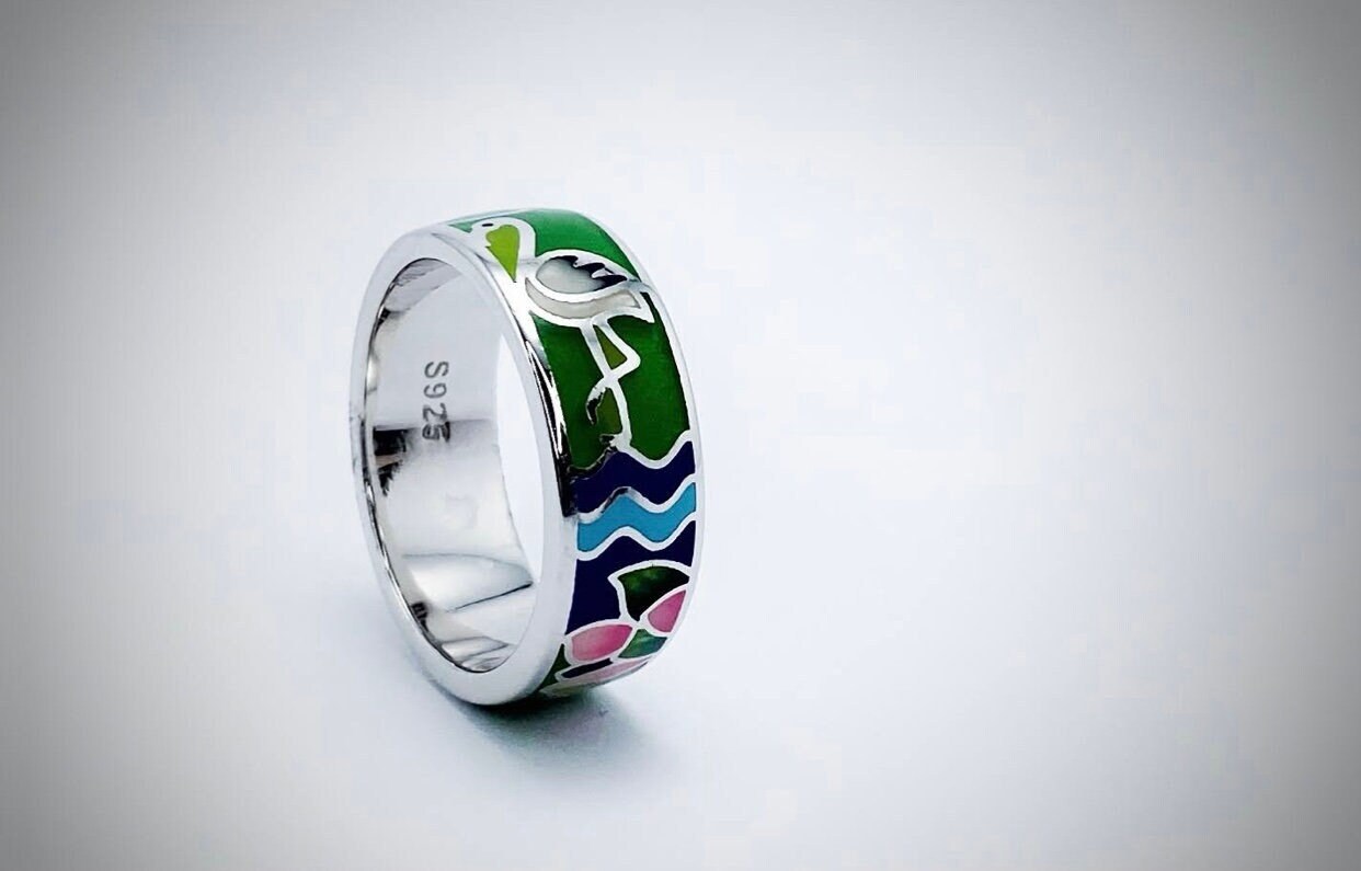 Emaille Ring, Rhodinierter Ovaler Blumen Band Cocktail Stapelbarer Bunter Statement Ring von ArtissimoArtGallery