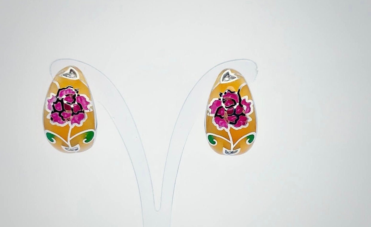 Emaille Rose Ohrringe, Silber Zirkon Rhodinierte Ohrstecker Blumen Bunte Frühling Art Deco Ohrringe von ArtissimoArtGallery
