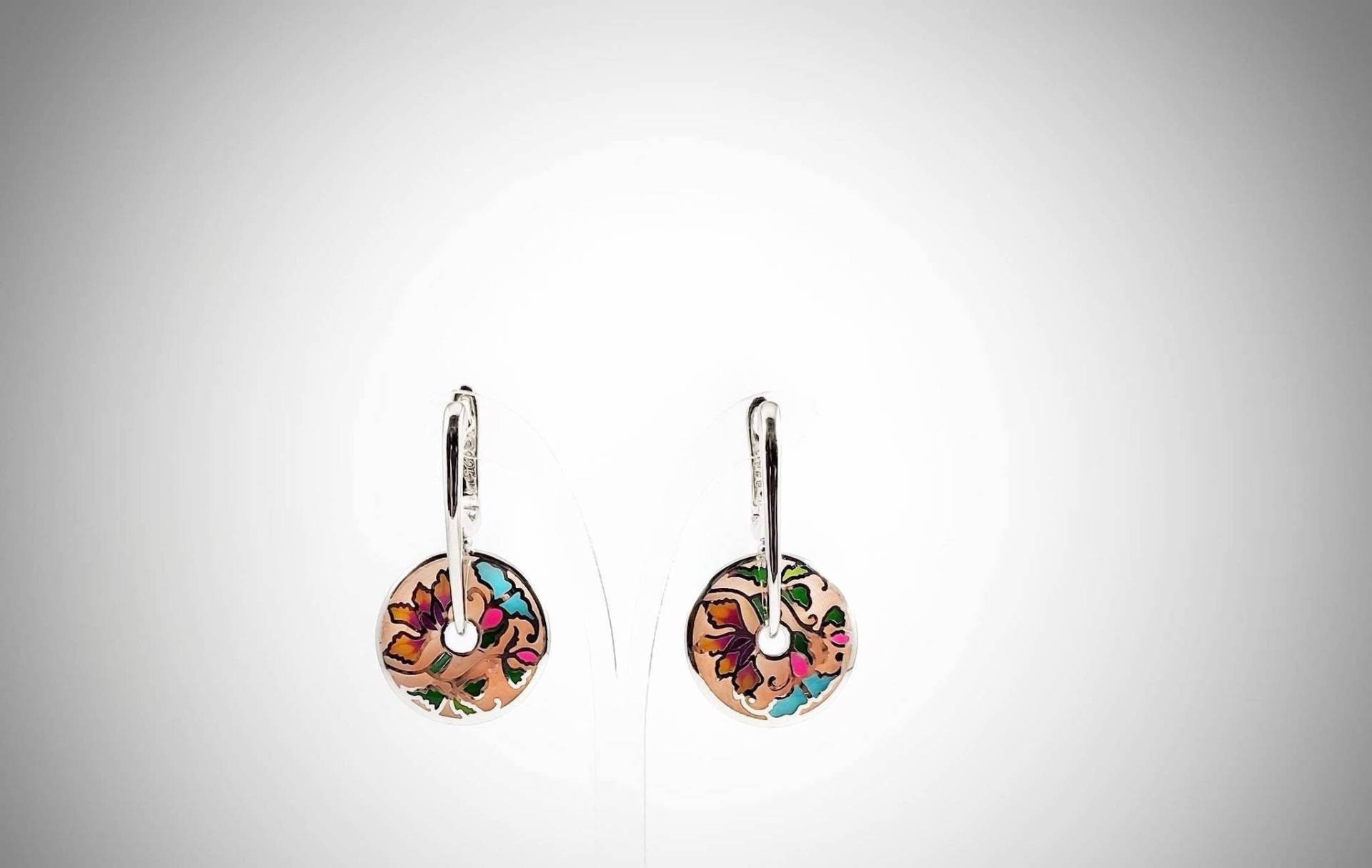 Emaille Silber Ohrringe, Rhodinierte Florale Ovale Kreis Bunte Kleine Creolen Art Deco Ohrringe von ArtissimoArtGallery
