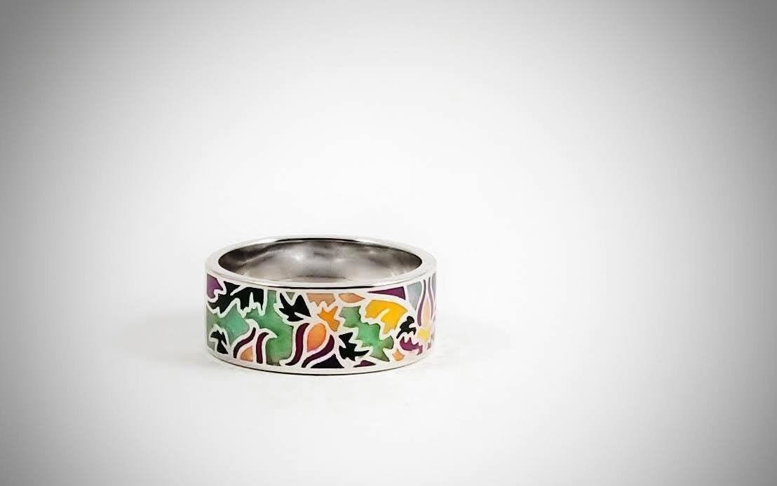 Emaille Silber Ring, Rhodinierter Stapelbarer Cocktail Bunter Daumen Floral Art Deco Boho Schmuck von ArtissimoArtGallery
