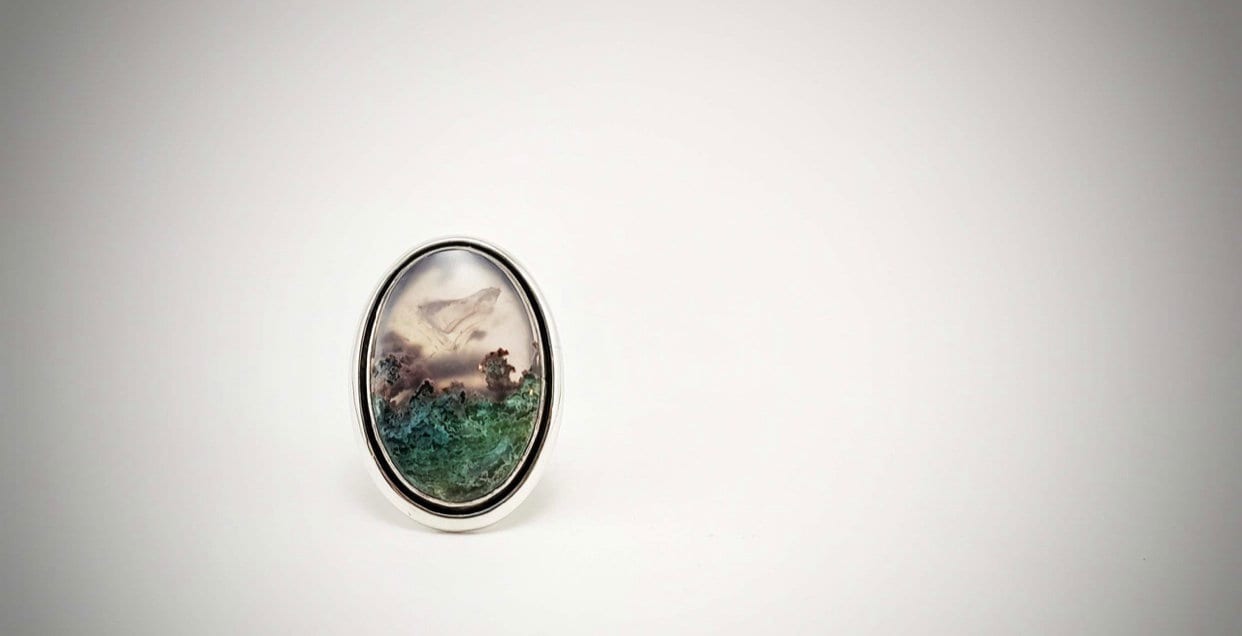Moos Achat Ring, Oval Silber Offener Natur Grüner Wald Cocktail Verlobungsring, Birtstone Art Deco Geschenk Für Sie von ArtissimoArtGallery
