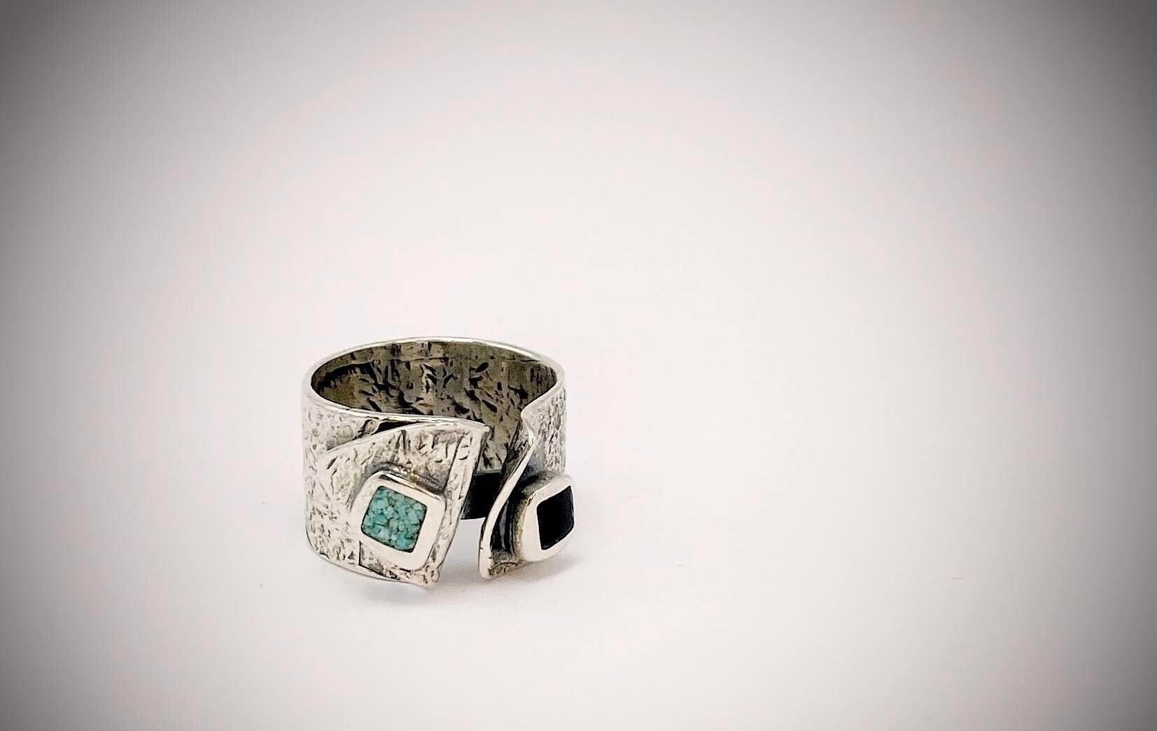 Mosaik Ring, Silber Emaille Bandring, Zwei Steine Türkis Stapelbarer Cocktail Geburtsstein Art Deco Schmuck, Geschenk Für Mutter von ArtissimoArtGallery