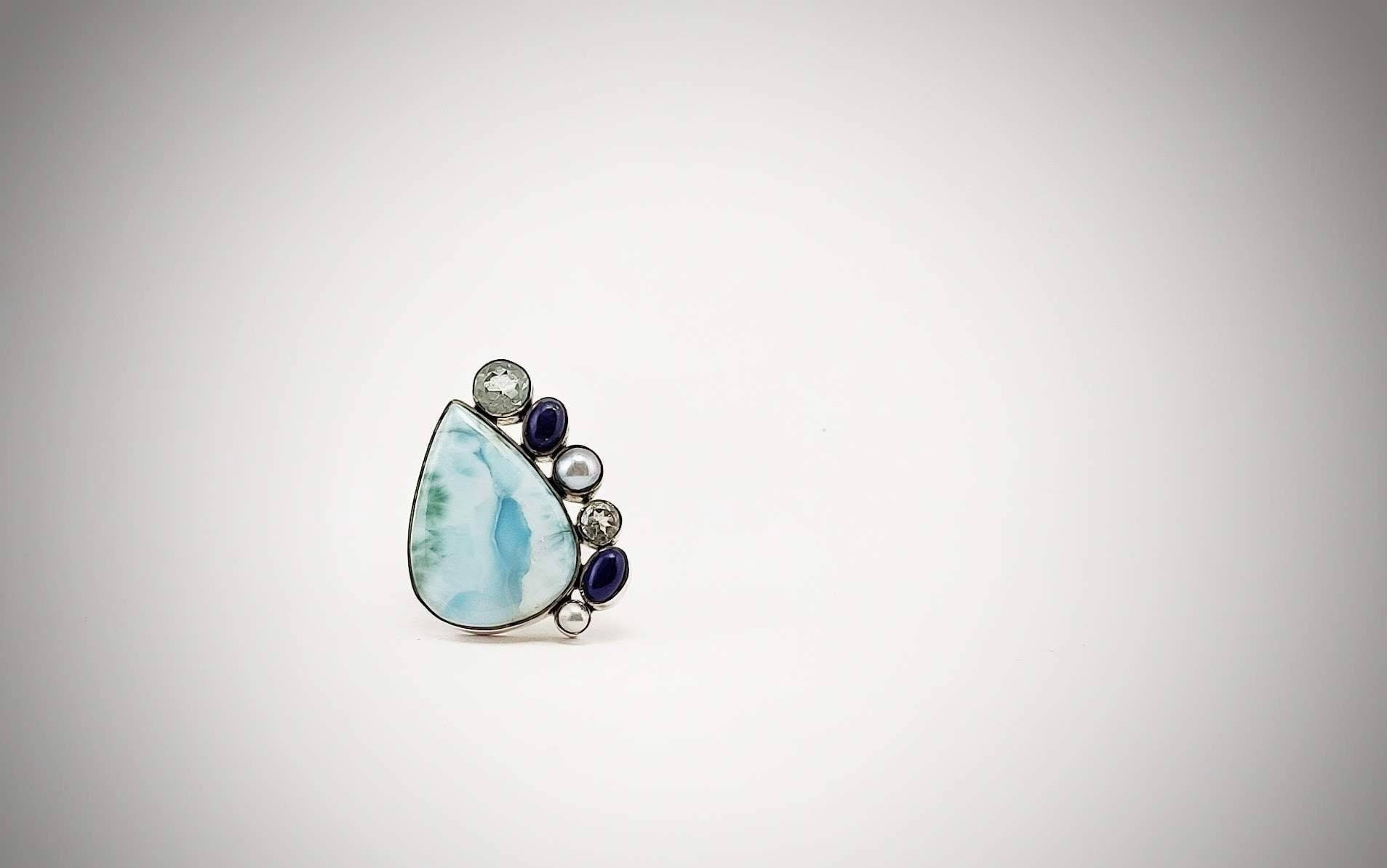 Offener Larimar Ring, Lapis Lazuli Silber Perle Aquamarin Verlobungsring, Tropfen Edelstein Art Deco Schmuck, Geschenk Für Sie von ArtissimoArtGallery