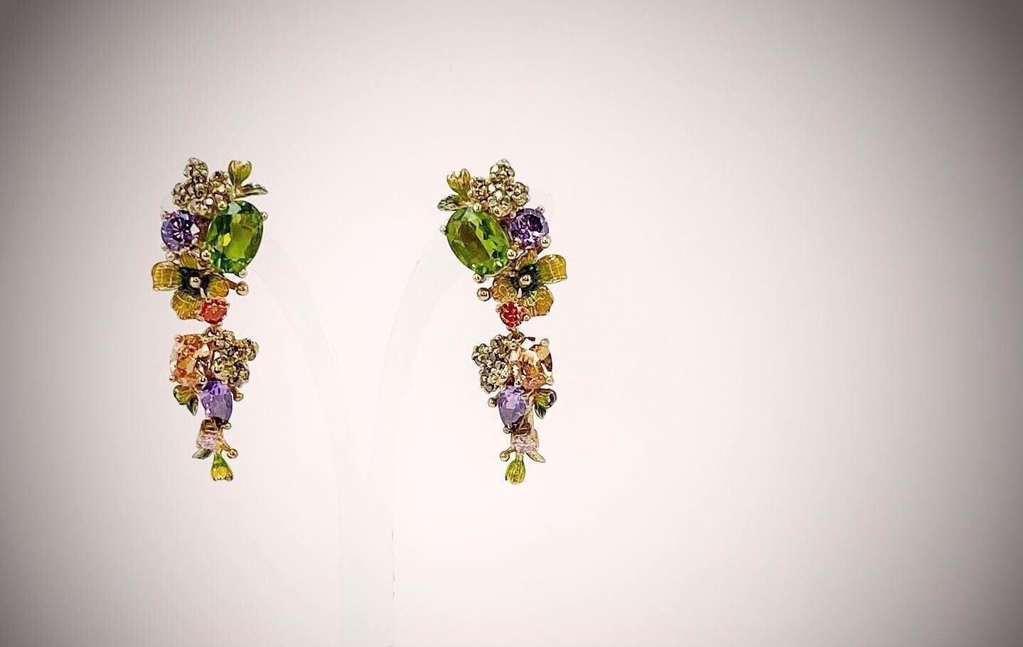 Peridot Silber Ohrringe, Emaille Citrin Spinell Blumen Amethyst Ohrstecker, 24K Vergoldung Valentines Geschenk von ArtissimoArtGallery