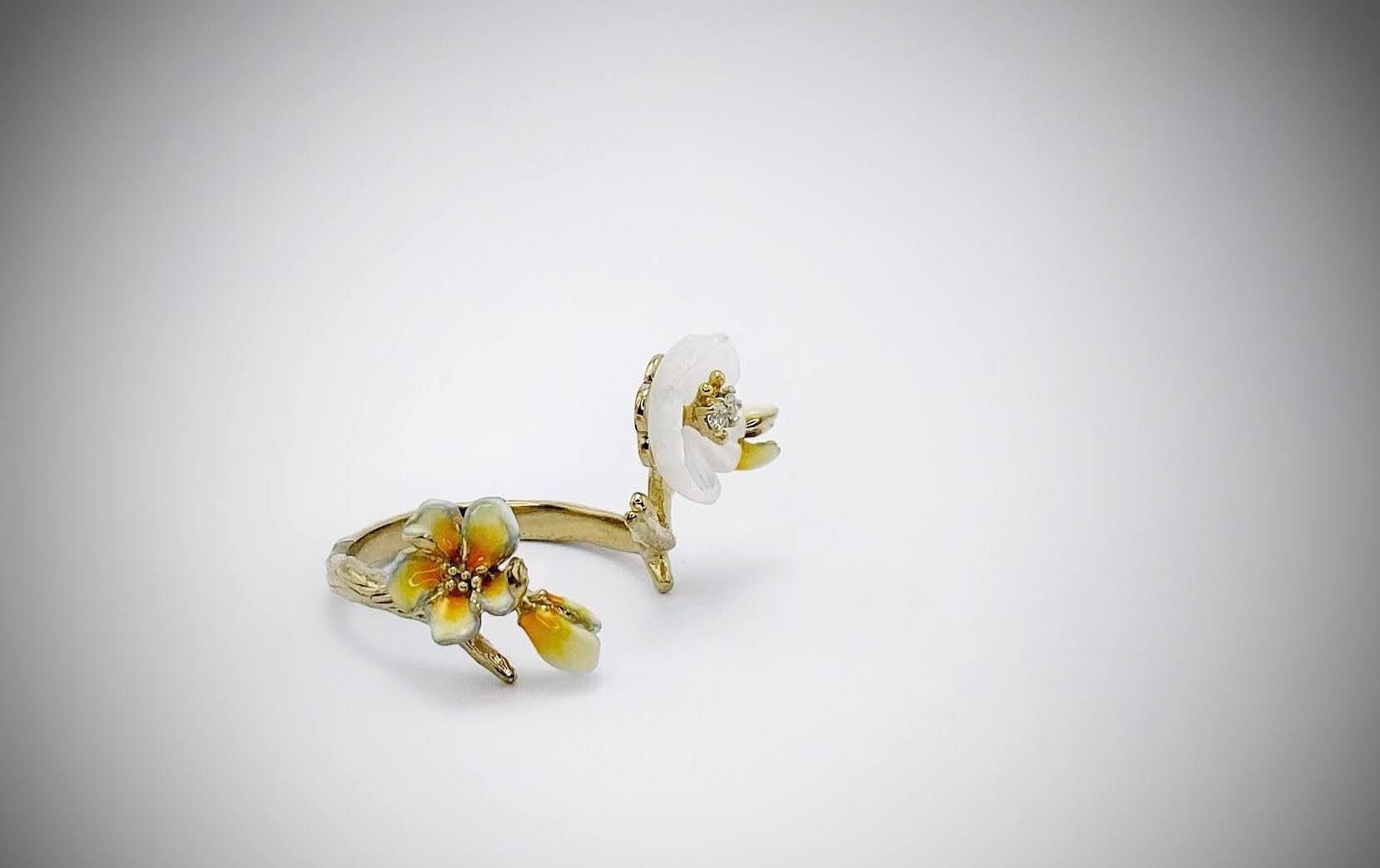 Perlmutt Ring, Offener Emaille Silber Blumen 24K Vergoldung Art Deco Cocktail Verlobungsring, Jahrestag Geschenk von ArtissimoArtGallery