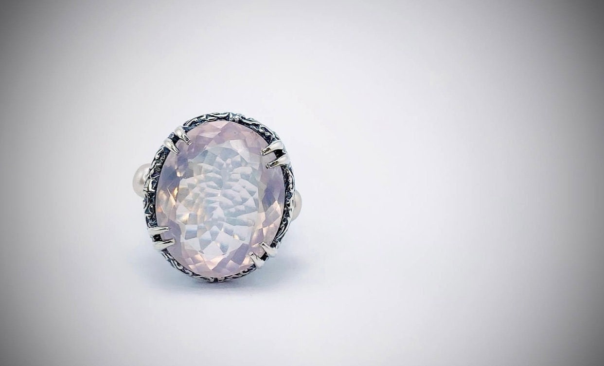 Rosa Quarz Ring, Silber Perle Floral Statement Oval Großer Cocktail Birthstone Art Deco Schmuck, Valentinstag Geschenk von ArtissimoArtGallery