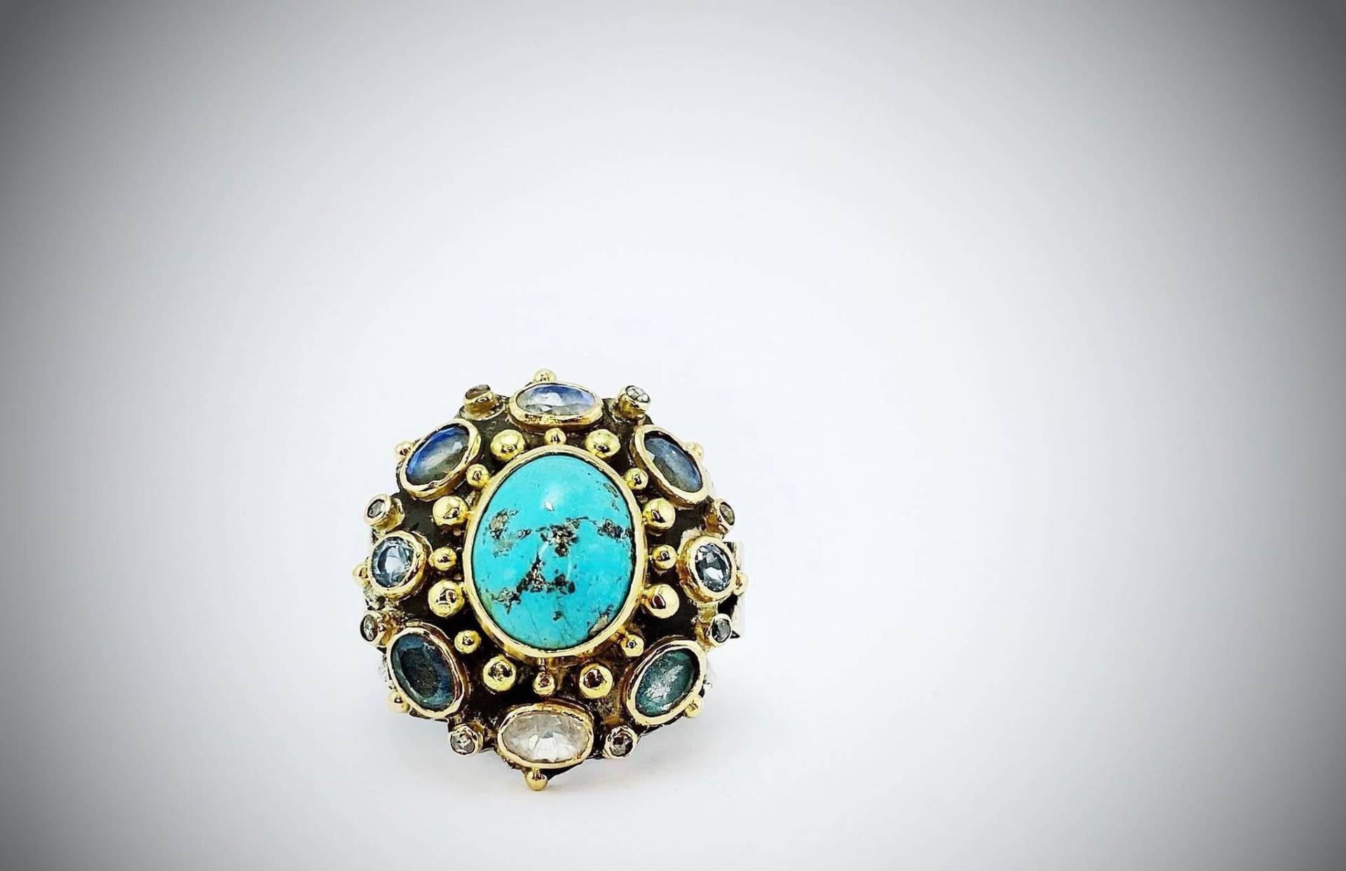 Rose Cut Diamant Ring, Türkis Silber Mondstein 18K Gold Inlays Labradorit Statement Aquamarin Ring von ArtissimoArtGallery