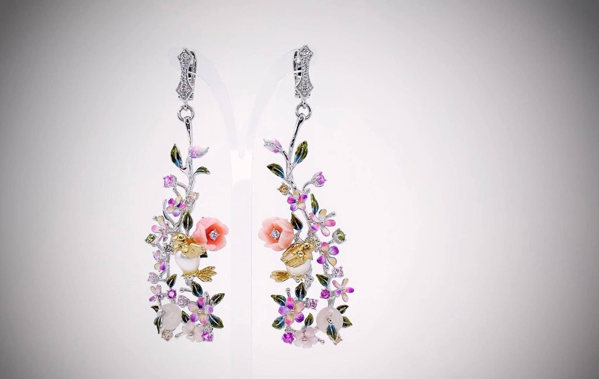 Silber Emaille Ohrringe, Perlmutt Blumen Turmalin Koralle Perle Große Geschenk Für Mama von ArtissimoArtGallery