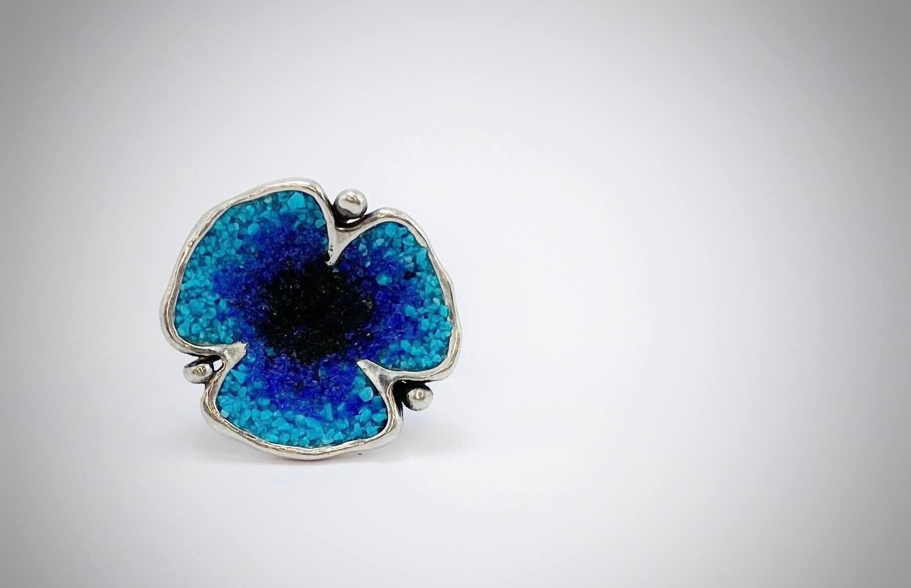 Silber Mohn Ring, Türkis Blumen Lapis Lazuli Charcoal Statement Mosaik Verstellbarer Art Deco Verlobungsring von ArtissimoArtGallery