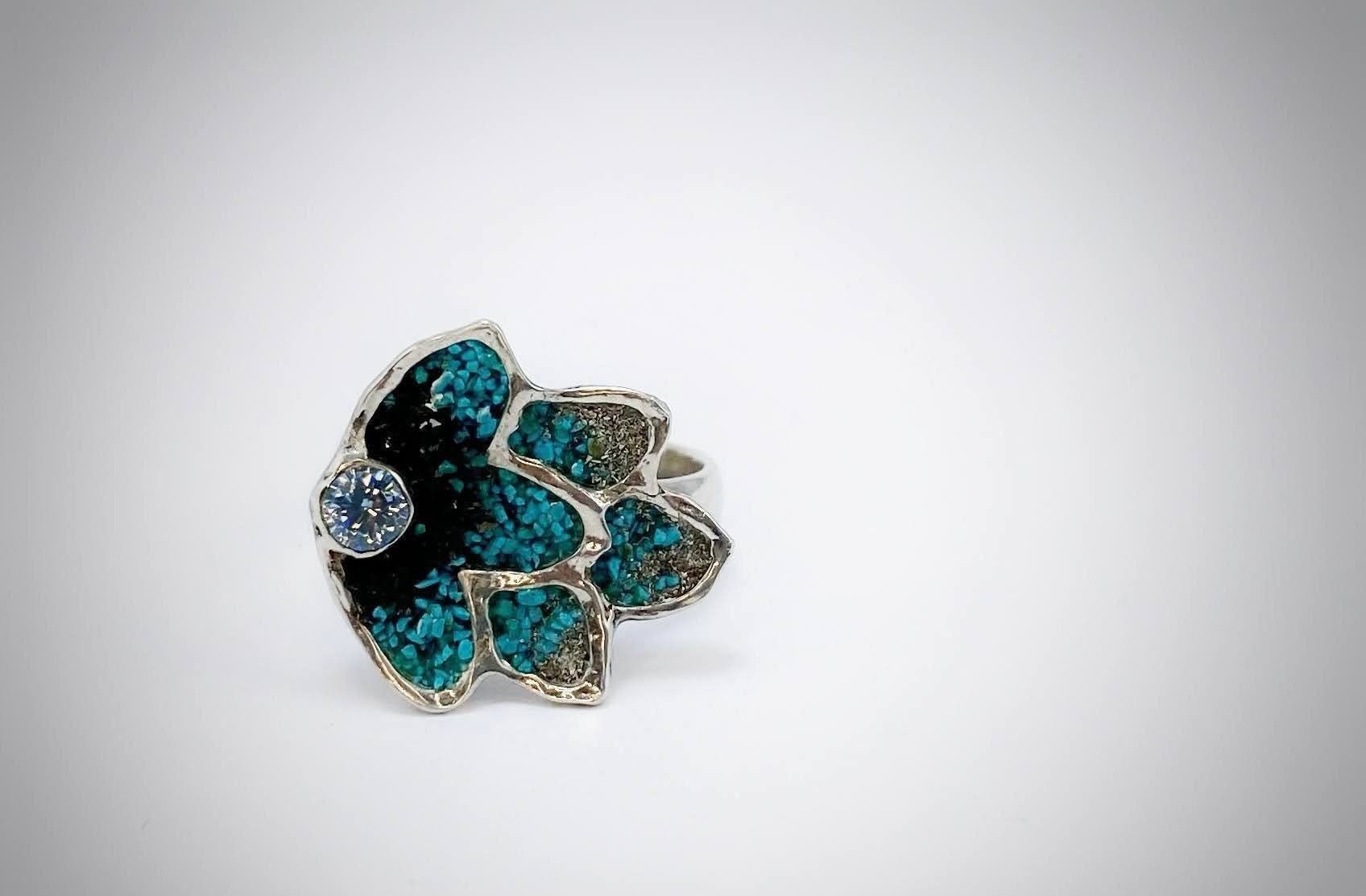Türkis Mosaik Ring, Blumen Silber Aquamarin Cocktail Statement Charcoal Art Deco Staub Geschenk Für Mama von ArtissimoArtGallery