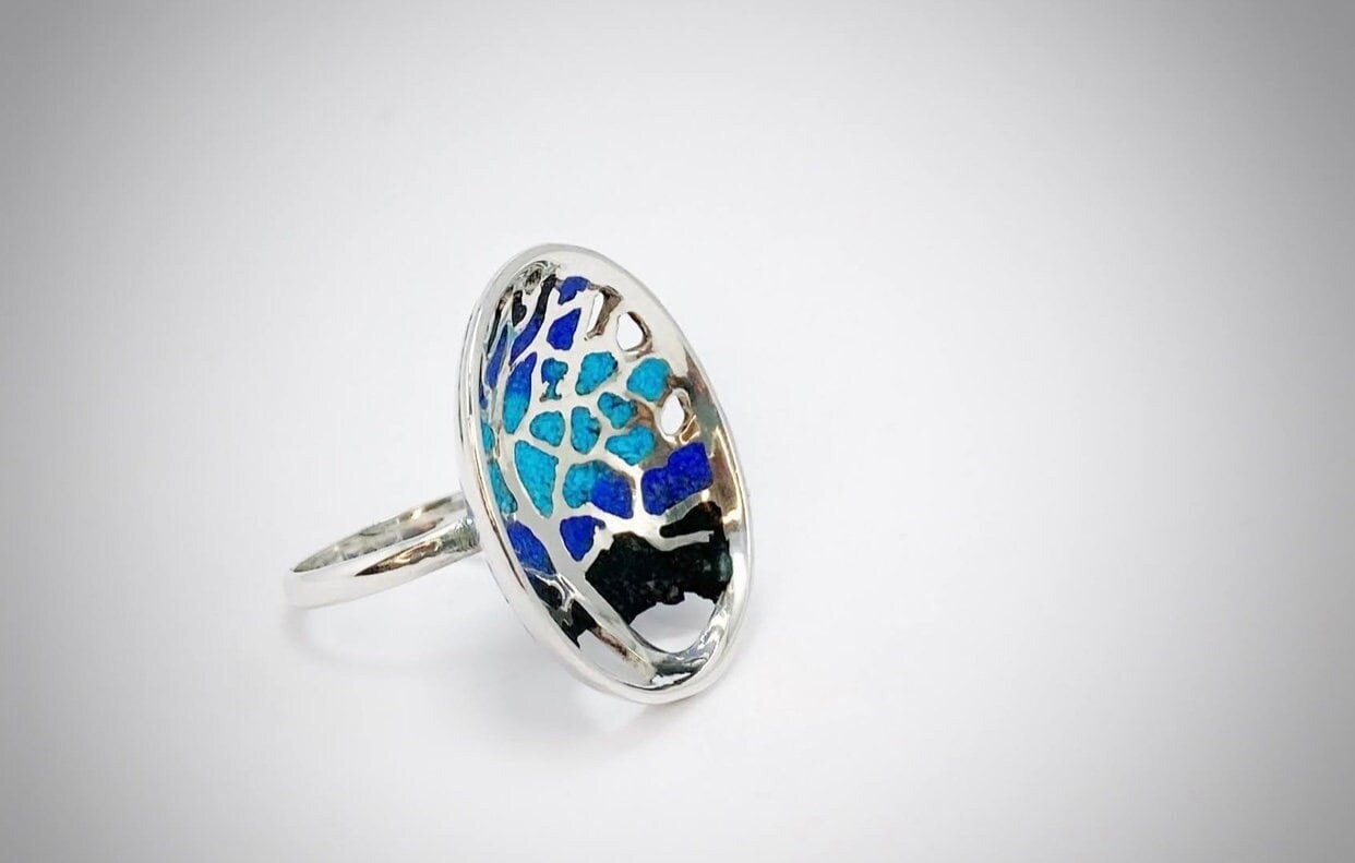 Türkis Silber Ring, Baum Des Lebens Howlith Statement Mosaik Cocktail Großer Art Deco Boho Ring von ArtissimoArtGallery