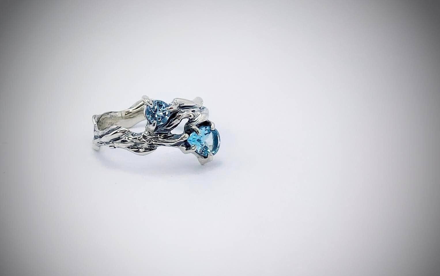 Zweig Silberring, Zweigring Mit Blautopas, Verlobungsring Zwei Steinen, Marquise Versprechen Ring, Art Deco Schmuck von ArtissimoArtGallery