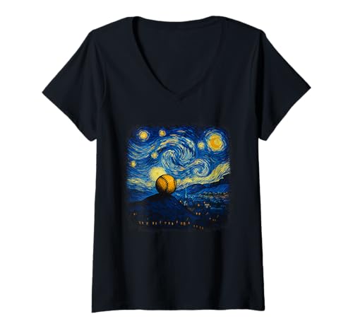 Damen Von Van Gogh Sternennacht inspirierter Softball-Geist T-Shirt mit V-Ausschnitt Damen Von Van Gogh Sternennacht inspirierter Softball-Geist T-Shirt mit V-Ausschnitt von Artistic Apparel by Masterpieces and More