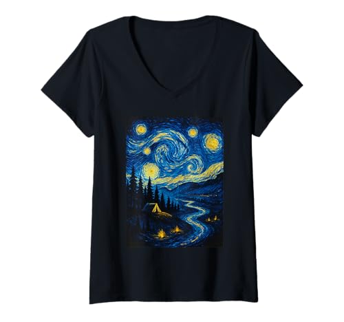 Damen Sternennacht, Camping-Liebhaber, Van Gogh Kunstwerk T-Shirt mit V-Ausschnitt Damen Sternennacht, Camping-Liebhaber, Van Gogh Kunstwerk T-Shirt mit V-Ausschnitt von Artistic Apparel for Nature and Van Gogh